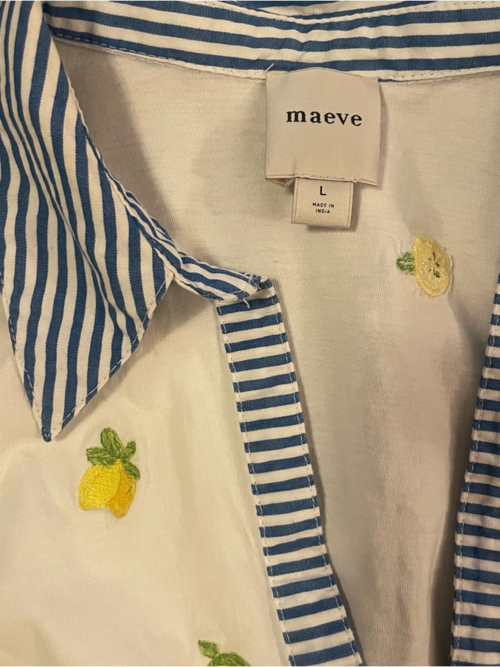 Maeve White Tank Top with Yellow Lemon Embroidery and Blue Striped Collar - Picture 2 of 4